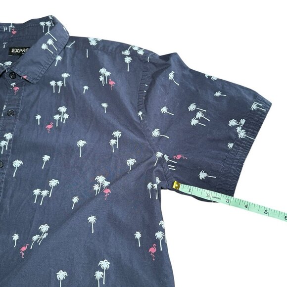 Express Men’s Short Sleeve Button Down Hawaiian Shirt Blue W/ Flamingos Size XL - Picture 5 of 6